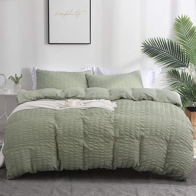 AveLom Green Duvet Cover Queen, 3 Pieces, Seersucker Tripe Soft Washed by AveLom