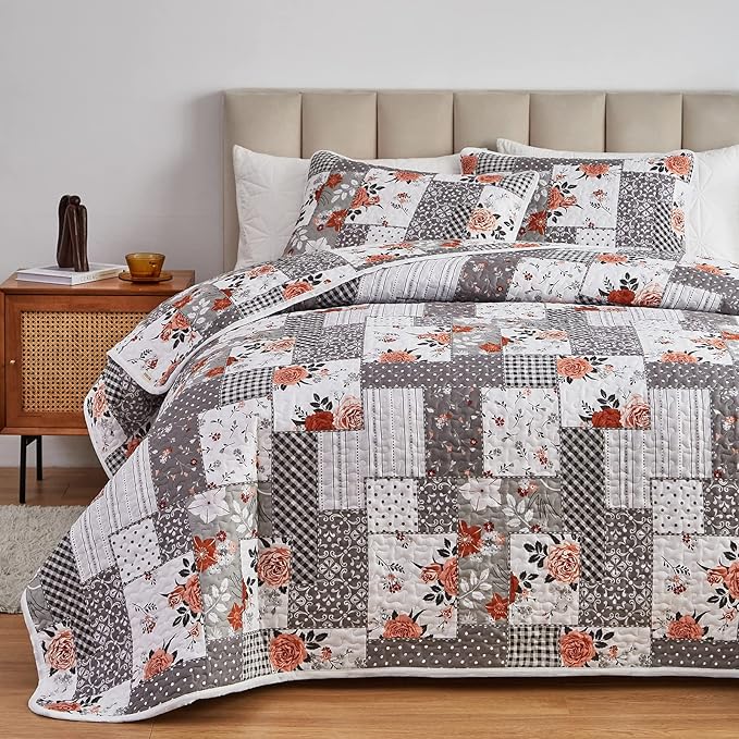 Patchwork Quilt Set Full/Queen Size, 3 Pieces Grey Floral Plaid Summer - Image 3