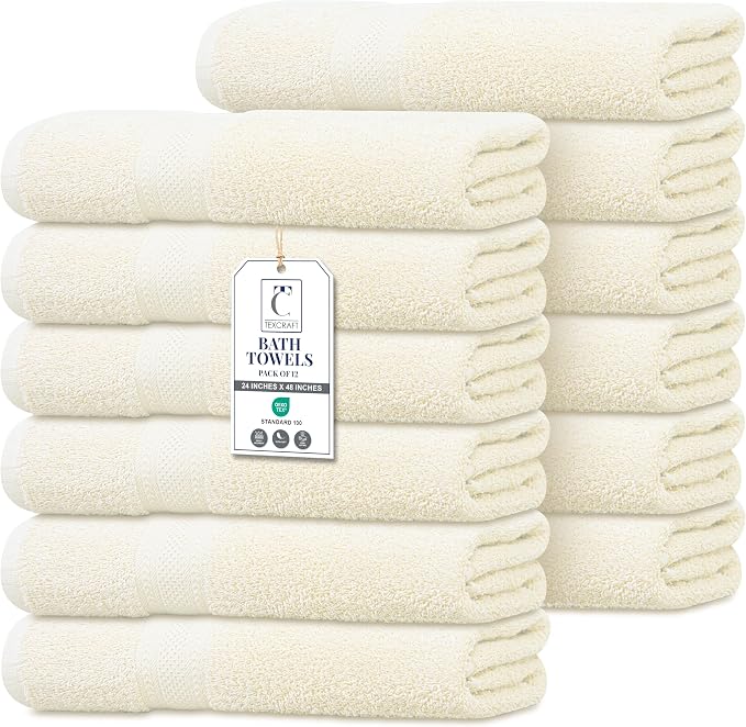 Commercial Bulk Pack of 12 Bath Towels – 100% Cotton Terry 24" x 48" – Ideal by TEXCRAFT