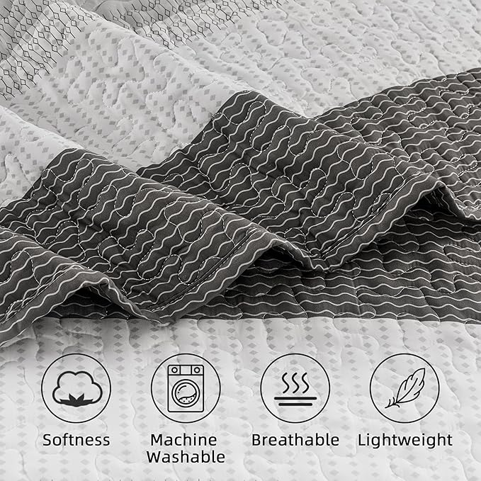 Andency King Size Quilt Set Dark Grey, 3 Pieces Summer Ultra Soft Lightweight - Image 5