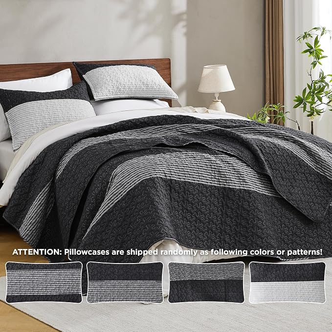 Andency Black Quilt Twin, 2 Pieces Black and White Patchwork Striped Bedspread - Image 7