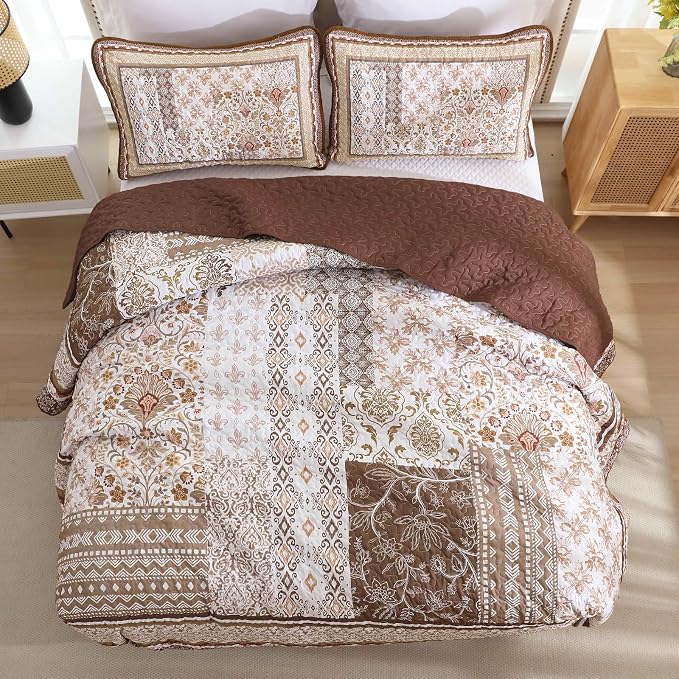 WONGS BEDDING Brown Quilt Set Queen Size, Bobo Floral Bedspread Coverlet Set - Image 4