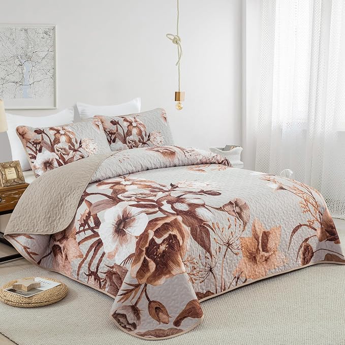 Khaki Floral Quilt Set Queen 3 Pieces Boho Flower Quilt Coverlet Set Soft - Image 2