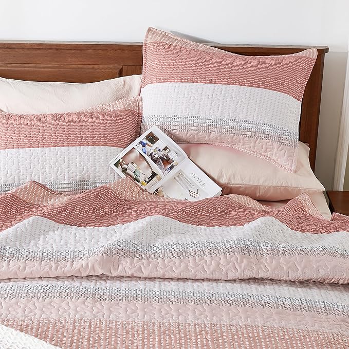 Andency Queen Quilt Bedding Set Blush Pink, 3 Pieces Patchwork Summer Striped - Image 3