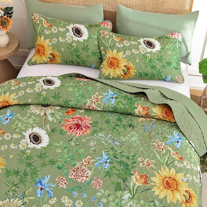 Yiran Floral King Size Quilt, 3 Pieces Botanical Spring Summer Soft Lightweight - Image 3