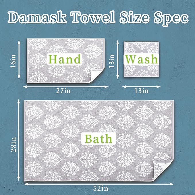 Grey Pattern Bath Towels, Quick Dry Bath Towel, Damask Jacquard Shower Towel - Image 4