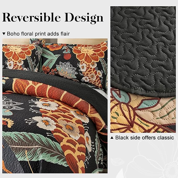 Tyrot 3 Piece Black Boho Floral Full/Queen Quilt Sets Reversible Farmhouse - Image 3