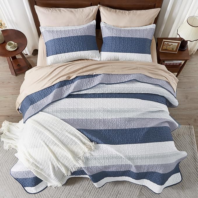 Andency Queen Quilt Bedding Set Mineral Blue, 3 Pieces Patchwork Summer Striped - Image 6