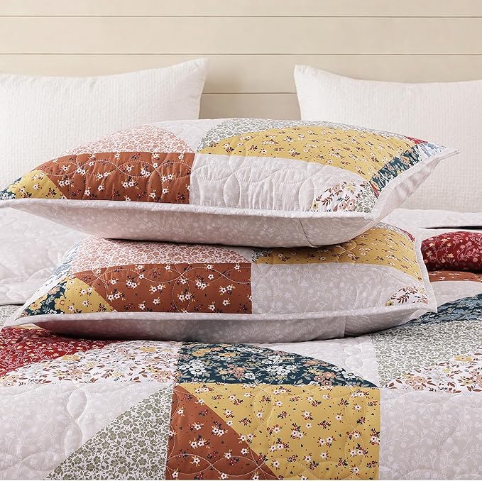 BLOOMHAVEN Quilt Set Queen Size, Patchwork Burnt Orange Floral Quilt Sets - Image 5