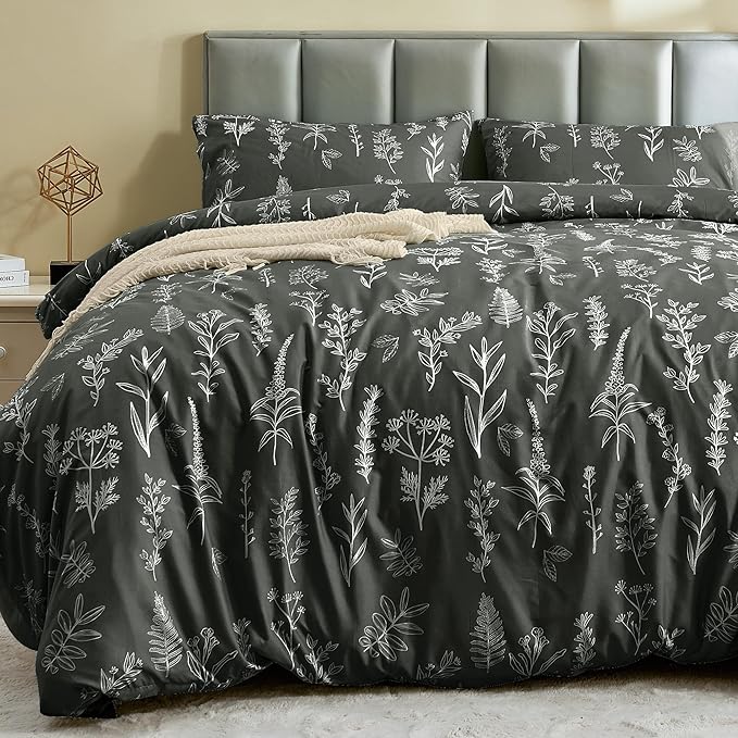 MUXHOMO Duvet Cover King Size, Reversible Floral Dark Grey Duvet Cover Set by MUXHOMO