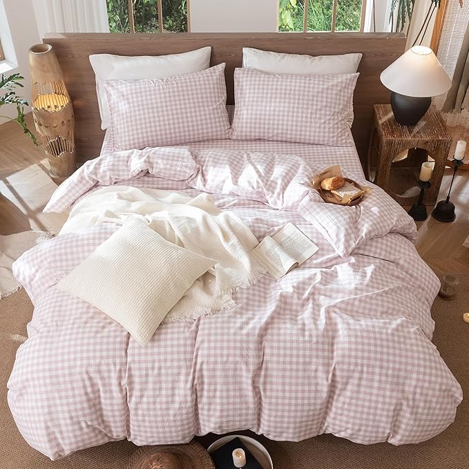 MooMee Gingham Duvet Cover Set 100% Washed Cotton Linen Like Textured - Image 5
