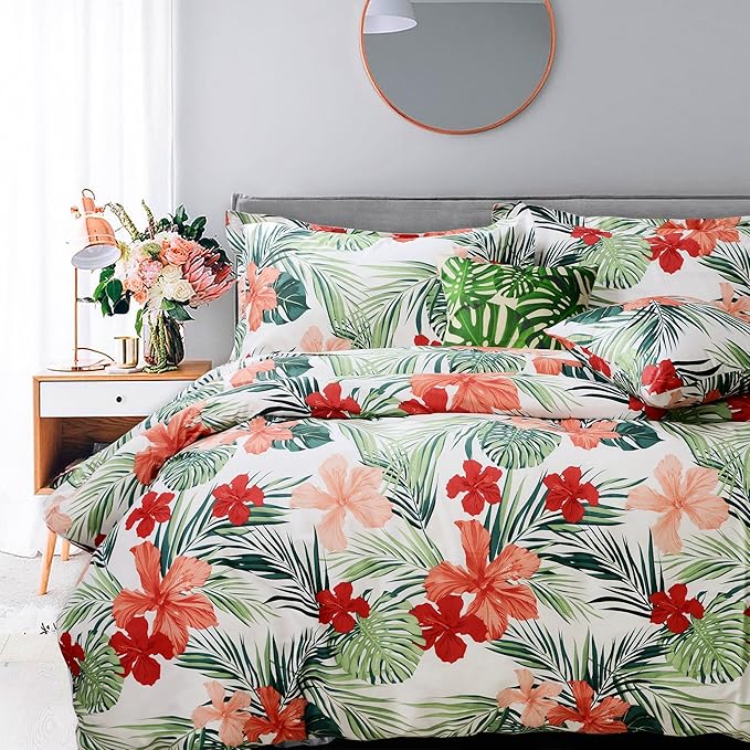 FADFAY Tropical Red Hibiscus Palm Leaves Duvet Cover Set Exotic Plants Bedding by CottonWorldSweetDream