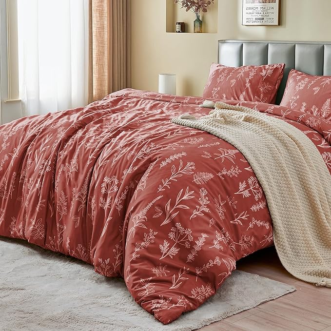 MUXHOMO Duvet Cover Queen Size, Reversible Floral Terracotta Duvet Cover Set by MUXHOMO