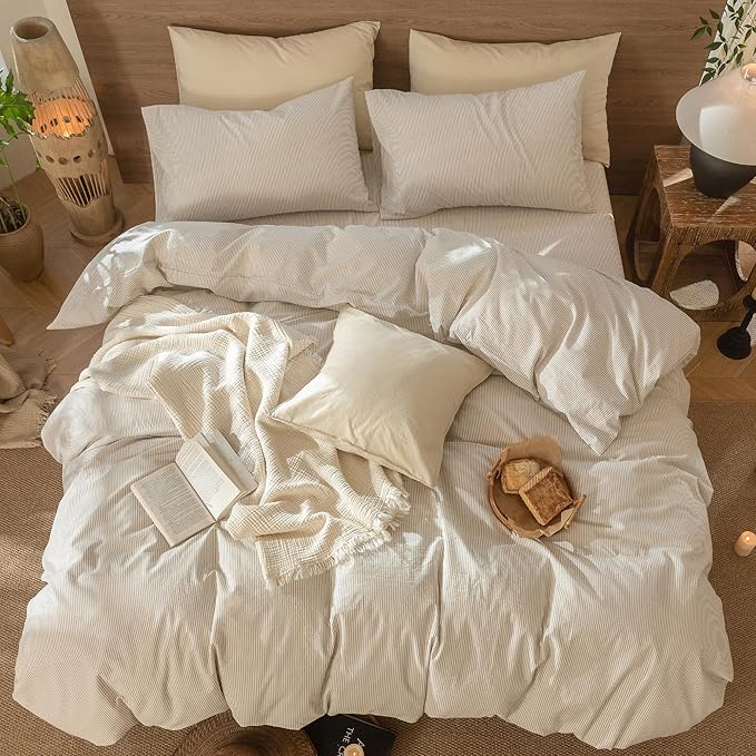MooMee Striped Duvet Cover Set 100% Washed Cotton Linen Like Textured - Image 5