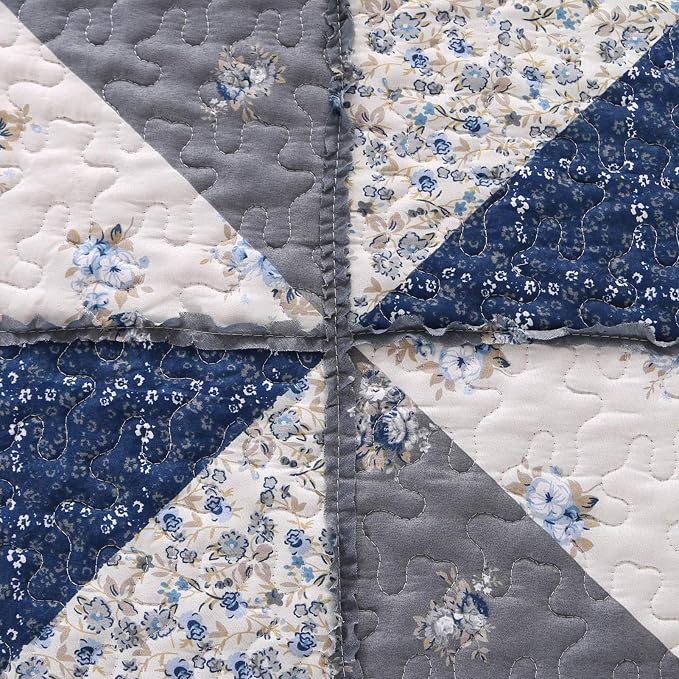 Full Queen Size Patchwork Quilt Set Grey Floral Reversible Quilted Bedspread - Image 7