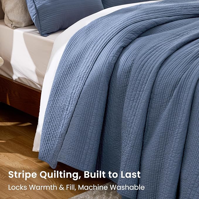 Love's cabin Queen Size Cotton Quilt Set, 100% Cotton Fabric Striped Textured - Image 3