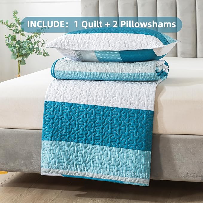 Andency Teal White Quilt Queen, 3 Pieces Patchwork Bedspread Coverlet Set - Image 7