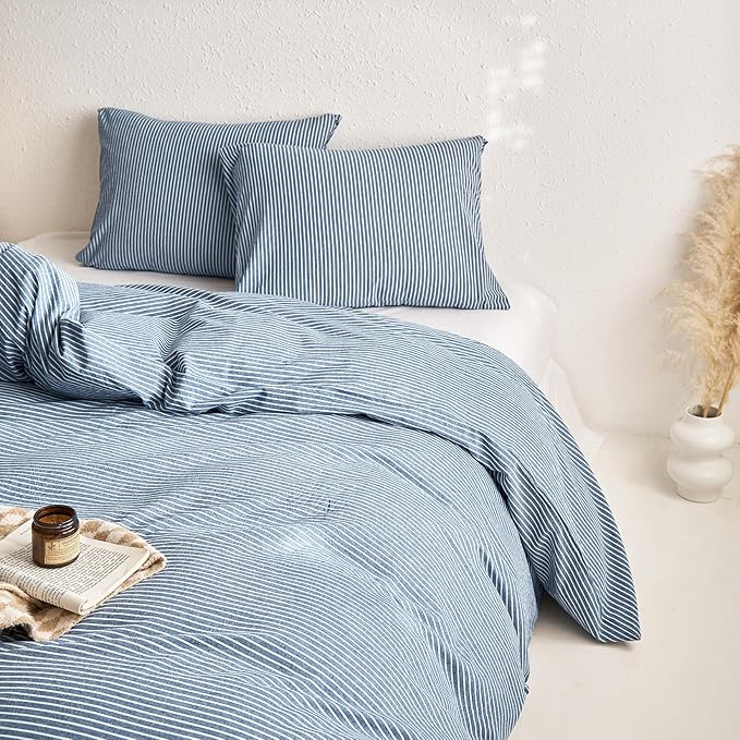 Wake In Cloud - Striped Cotton Duvet Cover Set, 100% Washed Cotton Textured - Image 4