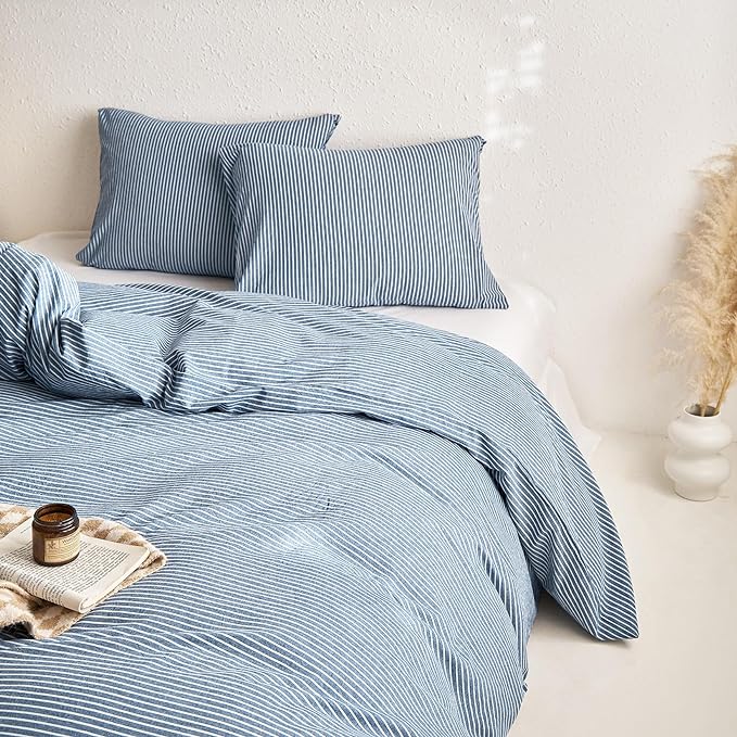 Wake In Cloud - Striped Cotton Duvet Cover Set, 100% Washed Cotton Textured - Image 4