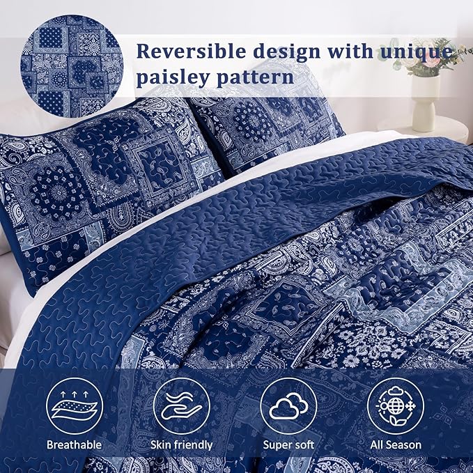 Cottolester Queen Quilt Set 3 Pieces, Boho Farmhouse Bedspread Soft Microfiber - Image 3