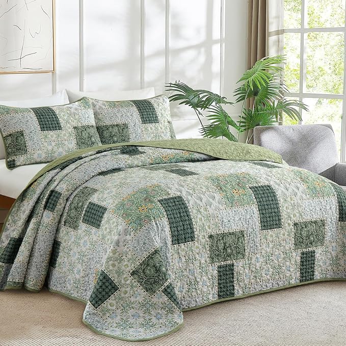 Xruibed Patchwork Quilt Set King Size 3 Pieces Plaid Floral Bedspread Coverlet - Image 2