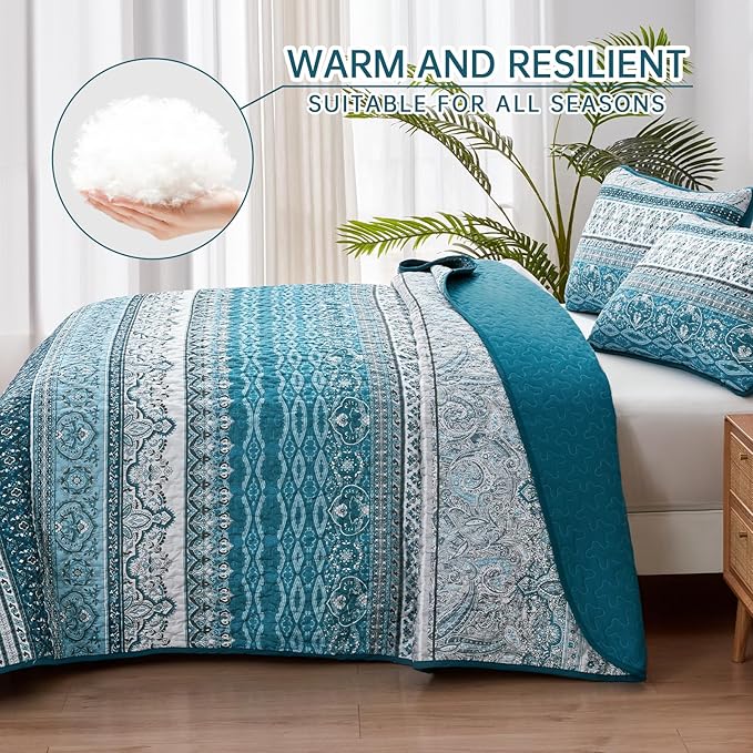 WONGS BEDDING Boho Queen Quilt Set, Teal and Blue Bohemian Quilt Bedding Set - Image 3