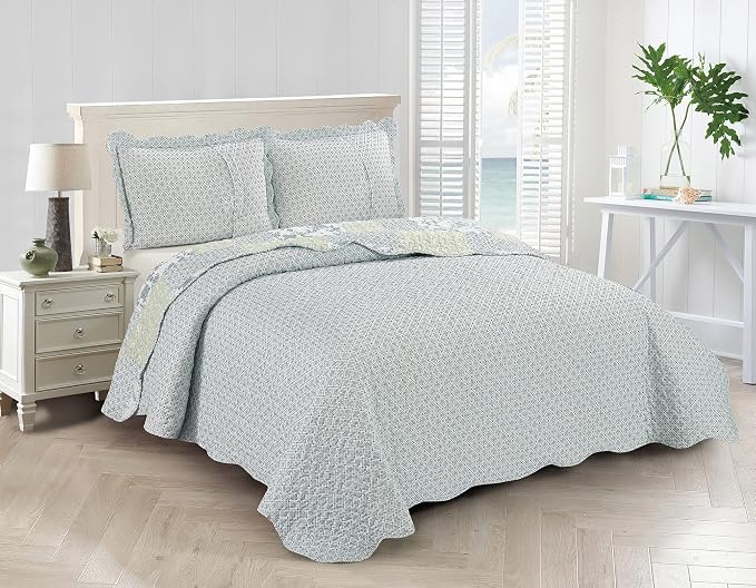 Brilliant Sunshine Multi Blue and Beige Floral Patchwork, 3-Piece Quilt Set - Image 6