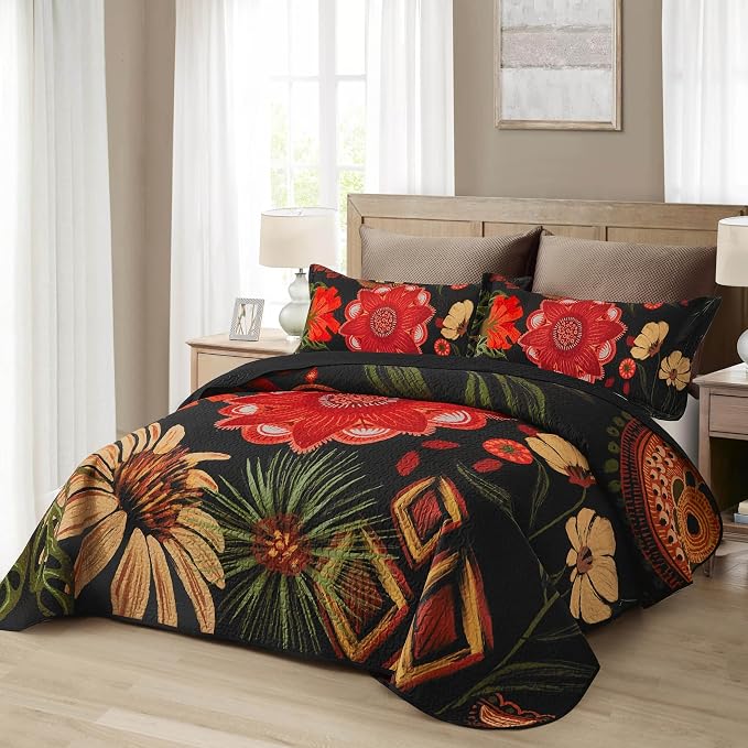 Tyrot 2 Piece Black Red Boho Floral Quilt Sets Twin Size Farmhouse Reversible - Image 2