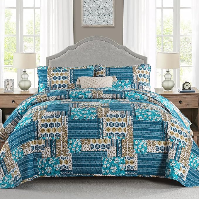 Mybedsoul Dusty Blue Quilt Set King Size, 3 Pieces Plaid Floral Bedspread Set by Mybedsoul
