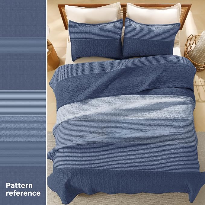 Litanika Quilt Queen Size Sapphire Blue, Stripe Patchwork Summer Bedspread - Image 3