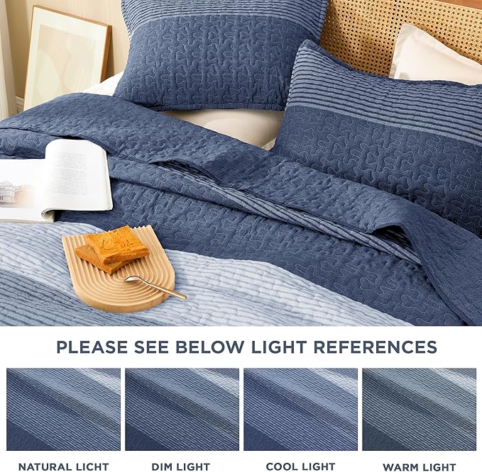 Litanika Quilt Queen Size Sapphire Blue, Stripe Patchwork Summer Bedspread - Image 6