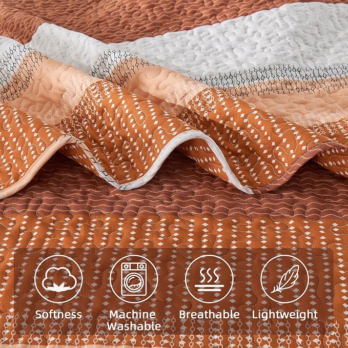 Andency Orange Quilt King, 3 Pieces Patchwork Striped Bedspread Coverlet Set - Image 5