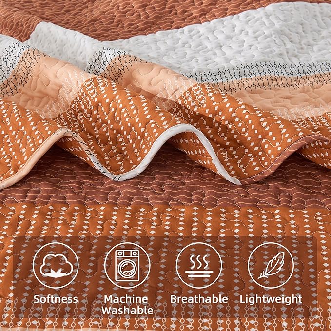 Andency Orange Quilt Queen, 3 Pieces Patchwork Striped Bedspread Coverlet Set - Image 5