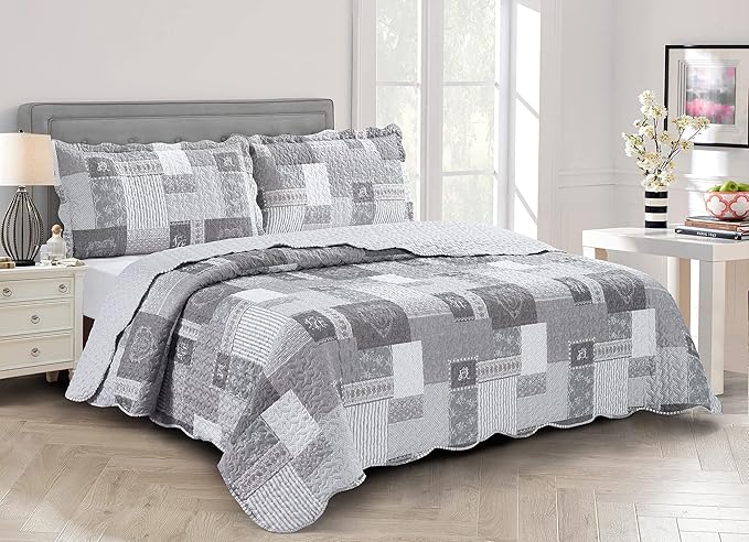 Brilliant Sunshine Grey Heart Love, Floral and Lace Patchwork, 3-Piece Quilt Set by BrilliantSunshine