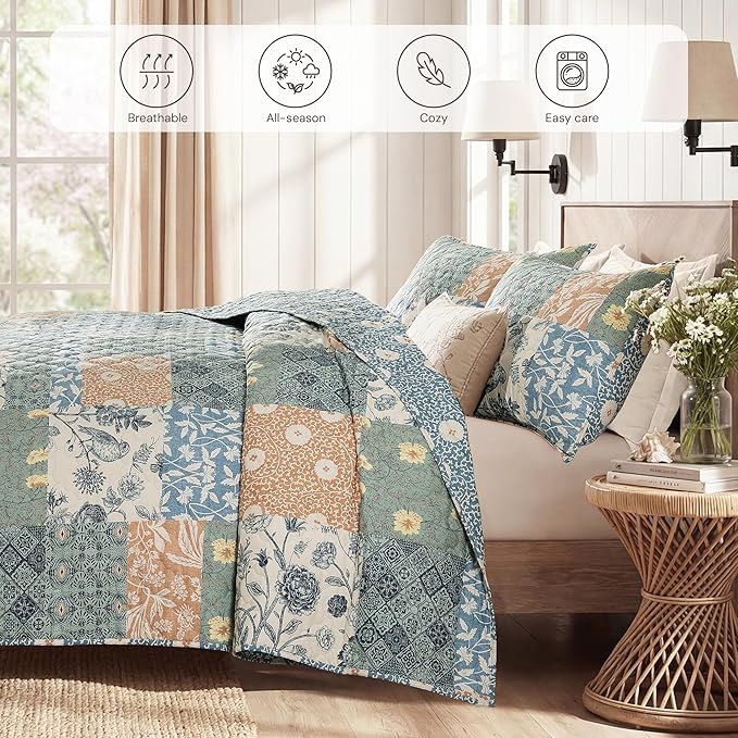 BLOOMHAVEN Quilt Set Queen Size, Patchwork Green Floral Quilt Sets, Reversible - Image 4