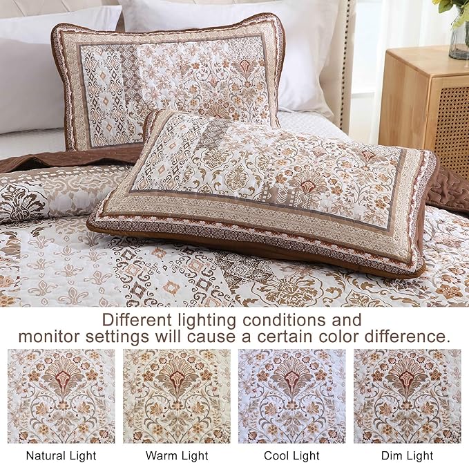 WONGS BEDDING Brown Quilt Set King Size, Boho Floral Pattern Bedspread Coverlet - Image 5
