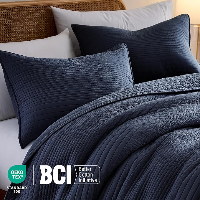palassio Striped Navy Blue 100% Cotton Quilt Queen Size Bedding Sets, - Image 3