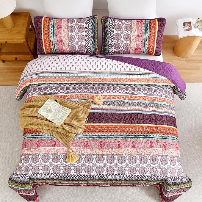 WONGS BEDDING Boho Quilt Set King Size, Lightweight Soft Microfiber Bedding Set - Image 3
