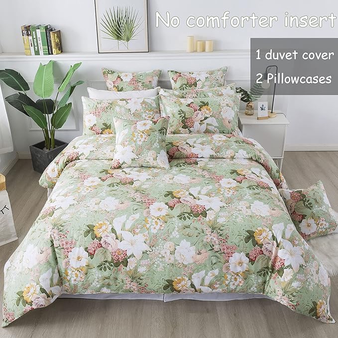 FADFAY Mint Green Floral Duvet Cover Set 100% Cotton Farmhouse Bedding Elegant - Image 2