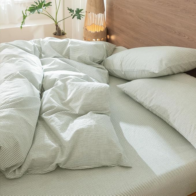 MooMee Striped Duvet Cover Set 100% Washed Cotton Linen Like Textured - Image 8