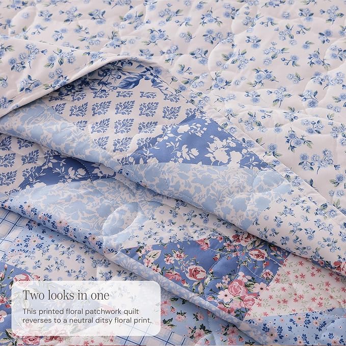 BLOOMHAVEN Quilt Set Queen Size, Patchwork Blue Pink Marigold Floral Quilt Sets - Image 3