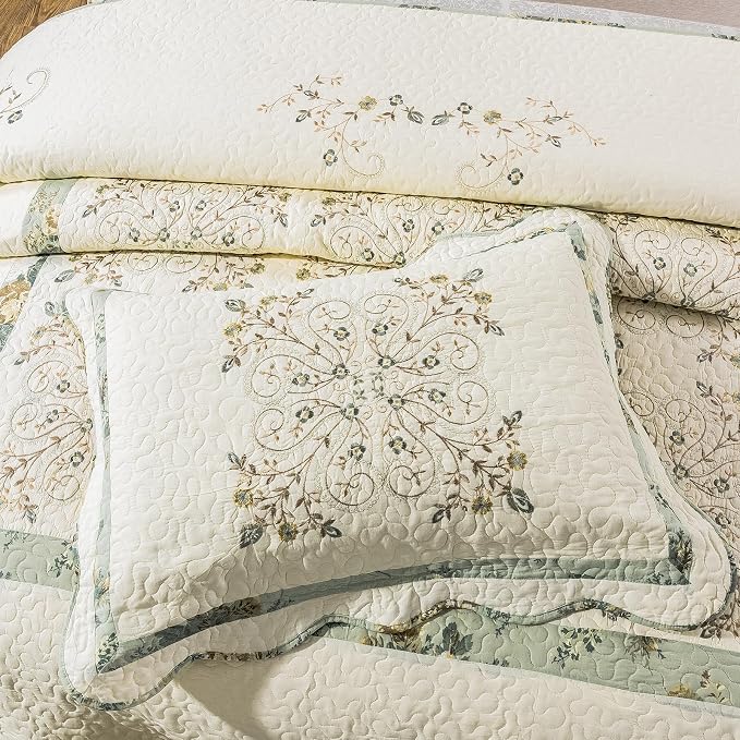 ROOMLIFE Quilt Set King Size 3D Floral Embroidery Pattern 3-Piece Cotton - Image 7