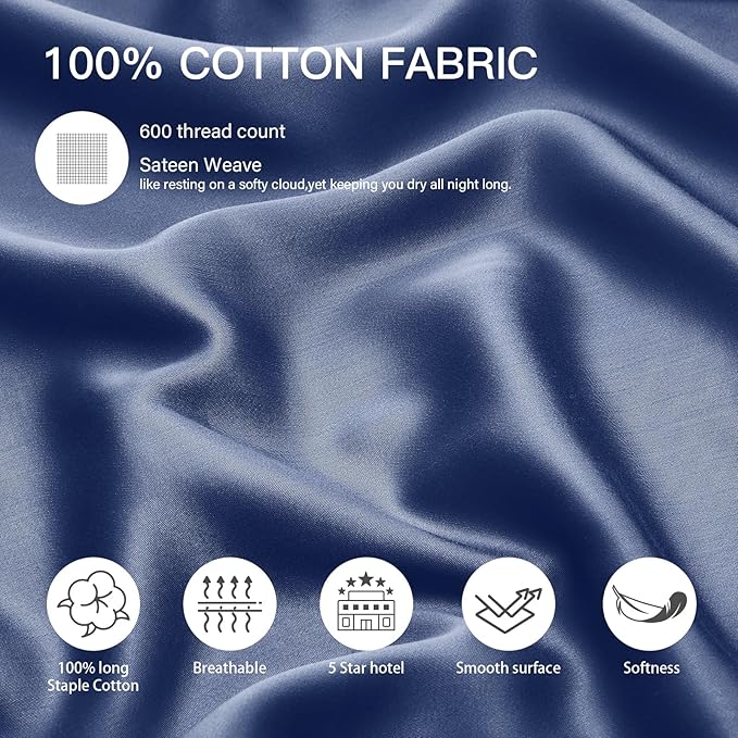 100% Cotton King Pillowcases Set of 2, Deep Dream 600 Thread Count Pillow Cases - Image 2