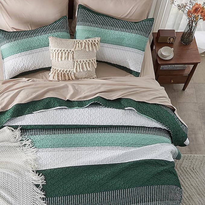 Andency Emerald Green Quilt Cal King, 3 Pieces Patchwork Striped Bedspread - Image 6