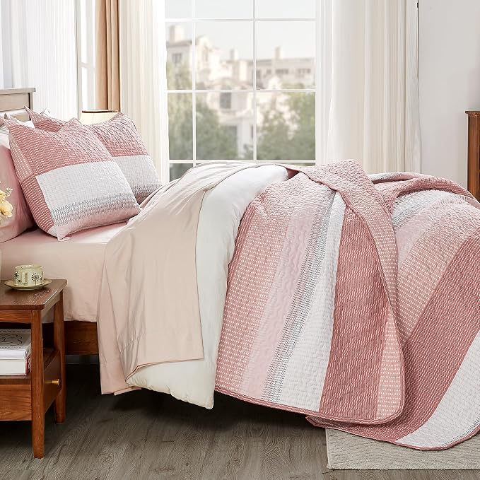 Andency Queen Quilt Bedding Set Blush Pink, 3 Pieces Patchwork Summer Striped - Image 4