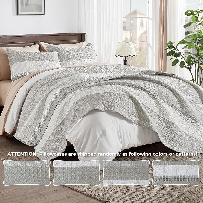 Andency Queen Quilt Bedding Set Linen Grey, 3 Pieces Patchwork Summer Striped - Image 6