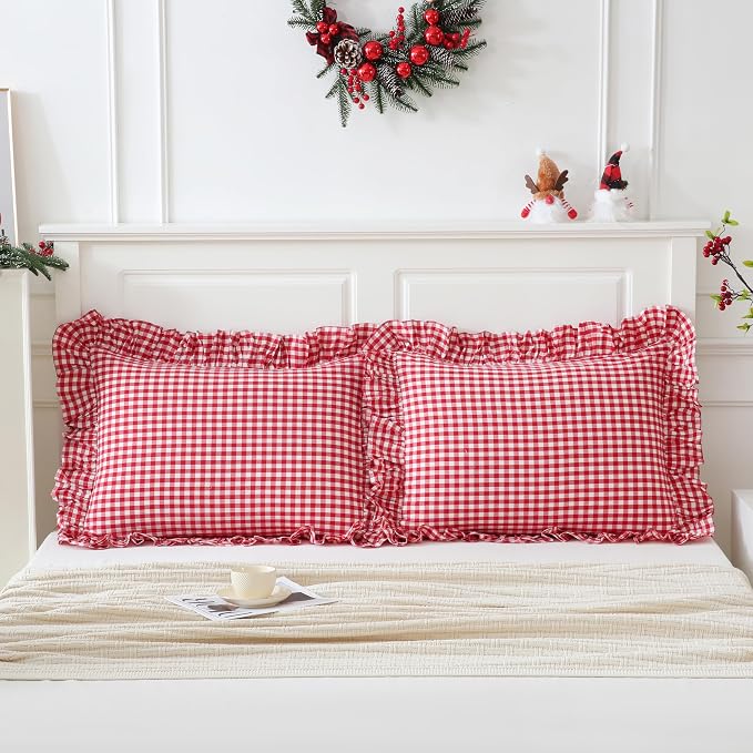 2 Pack Red/White Gingham Pillowcase 20x26 inches 100% Washed Cotton Ruffled - Image 3