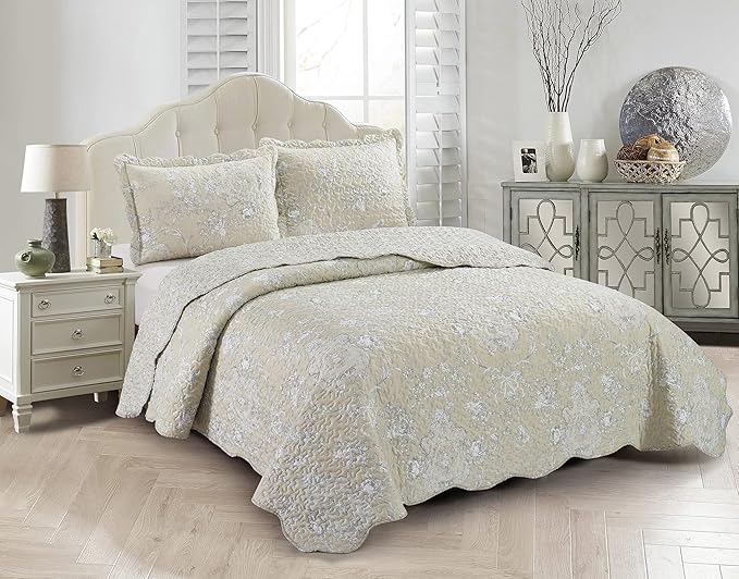 Brilliant Sunshine Classic Grey Floral Toile in Beige Background, 3-Piece Quilt by BrilliantSunshine