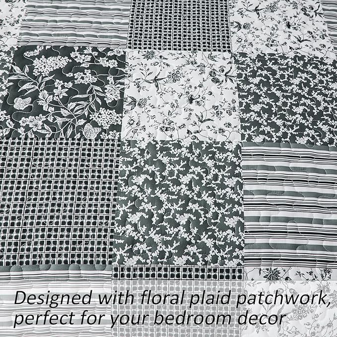 Mybedsoul Black Grey Boho Quilt Set King Size, 3 Pieces Plaid Floral Bedspread - Image 4
