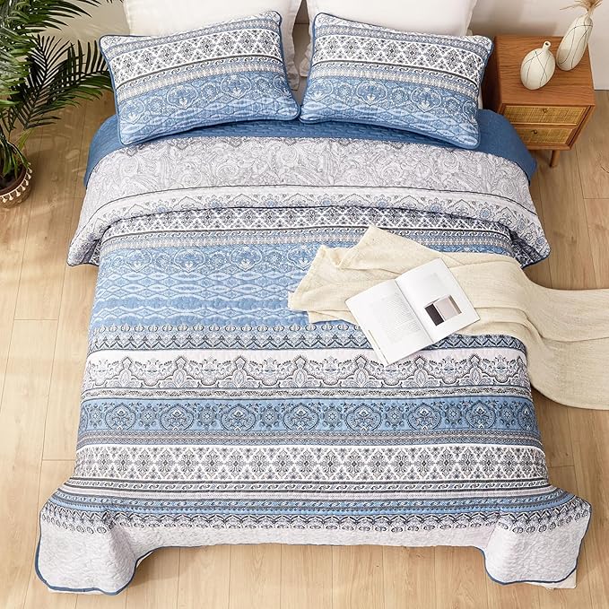 WONGS BEDDING Boho Queen Quilt Set, Light Blue Bohemian Queen Quilt Bedding Set - Image 3